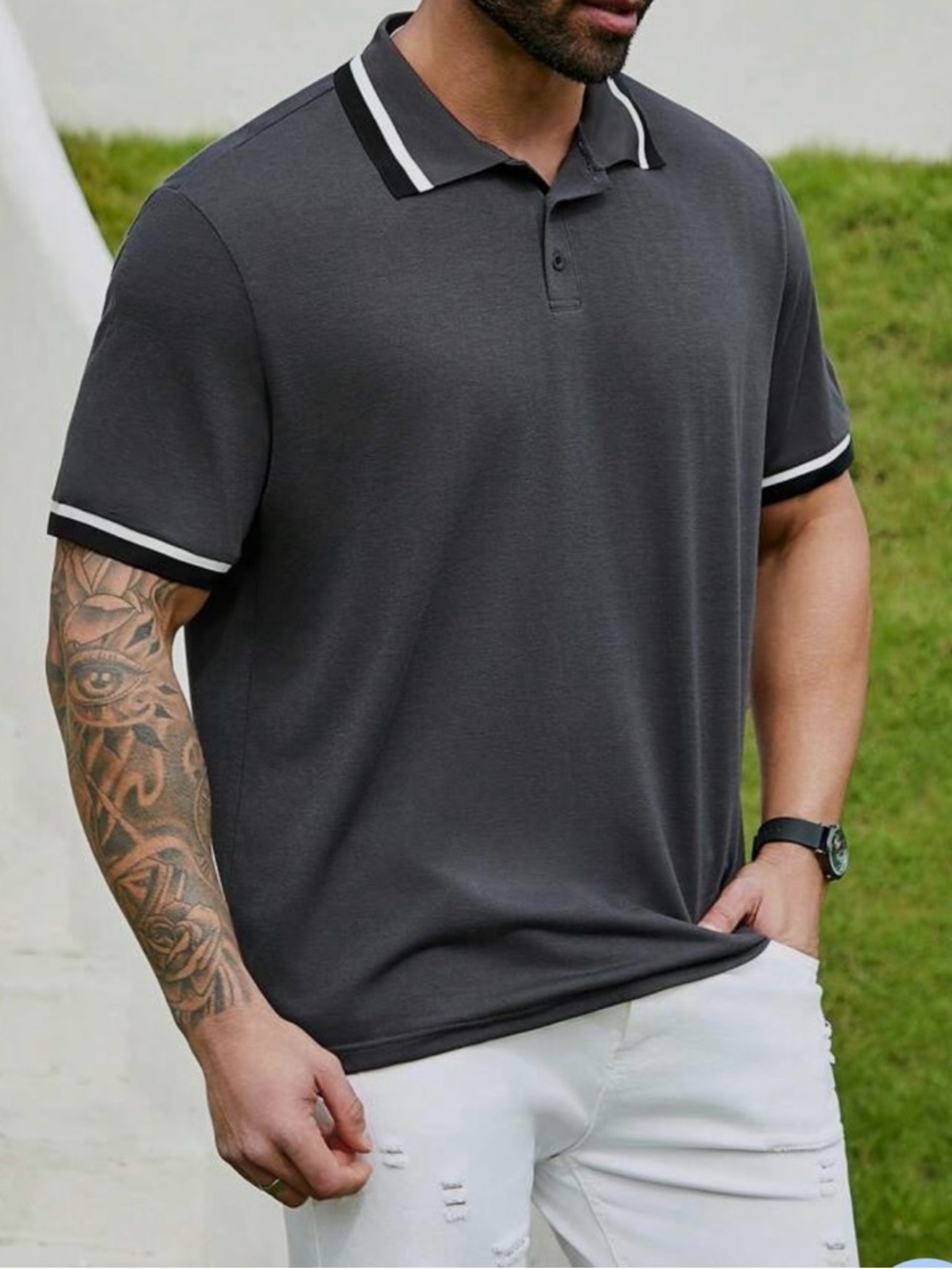 Fashion Nova Men's Charcoal Polo with Black & White Trim